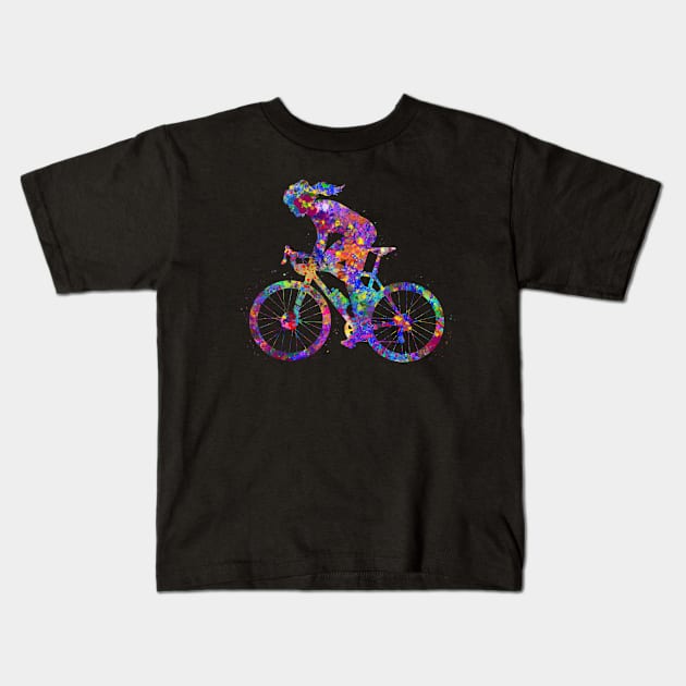 Road biker girl watercolor art Kids T-Shirt by Yahya Art